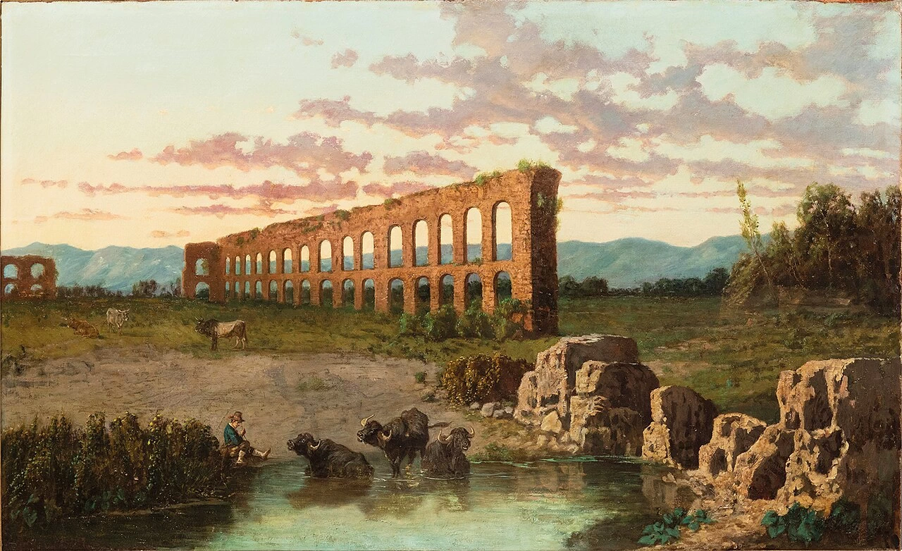 Campagna romana con acquedotto, figura e bufali